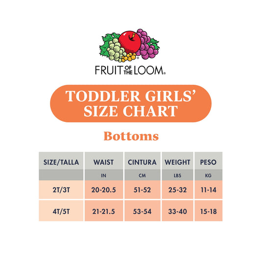 Toddler girls' bottoms size chart displaying waist and weight measurements in inches/cm and lbs/kg