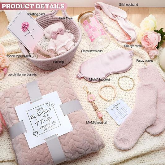 Image displaying text about the details of a gift set for new moms