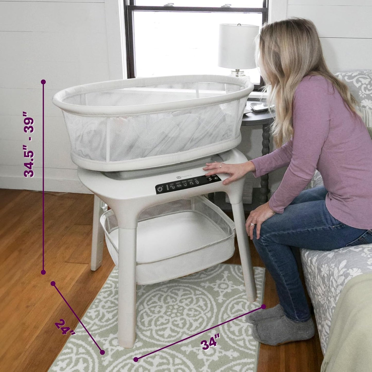 Image displaying a baby bassinet and it's dimensions