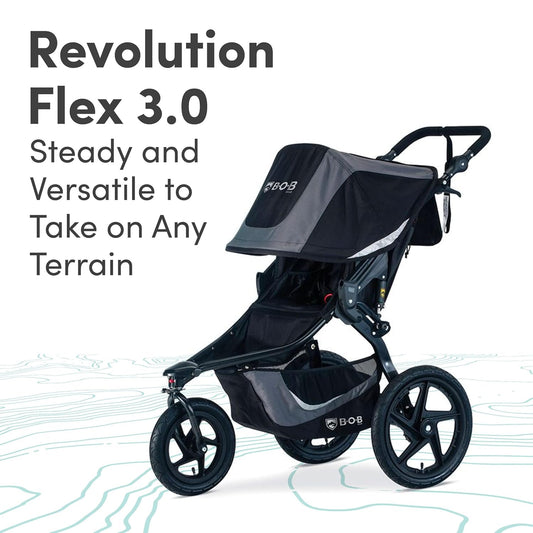 Image displaying a jogging stroller with text about it’s details