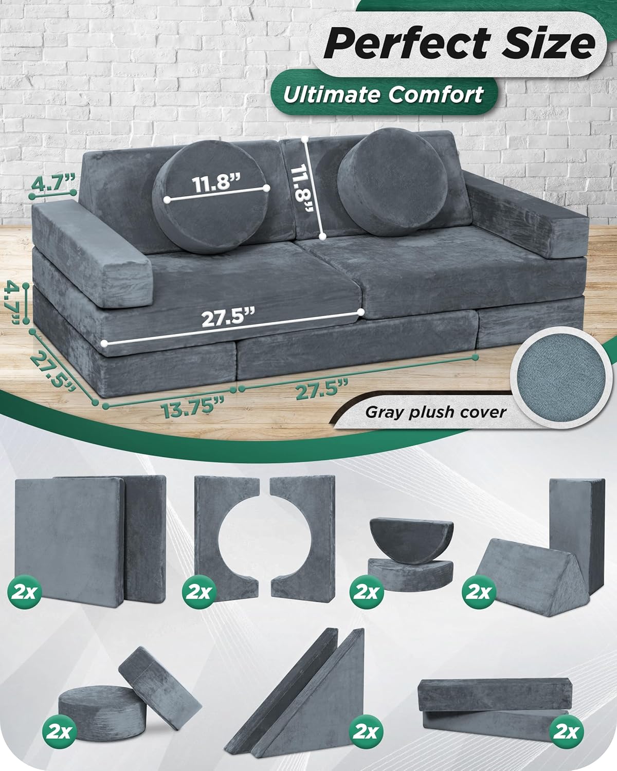 Image displaying a soft modular play furniture and it's dimension