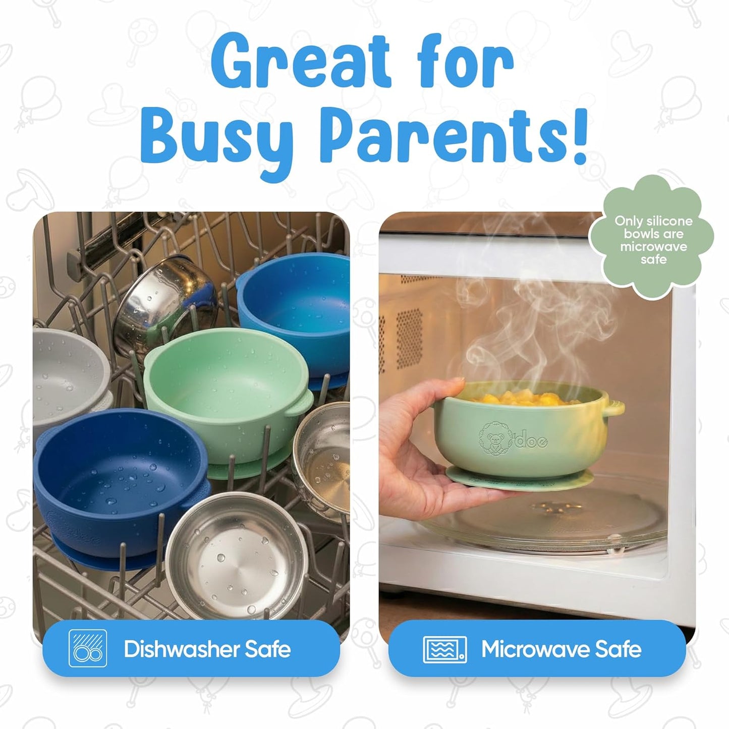 Set of BPA-free baby suction bowls made from stainless steel and food-grade silicone, ideal for toddlers and babies.