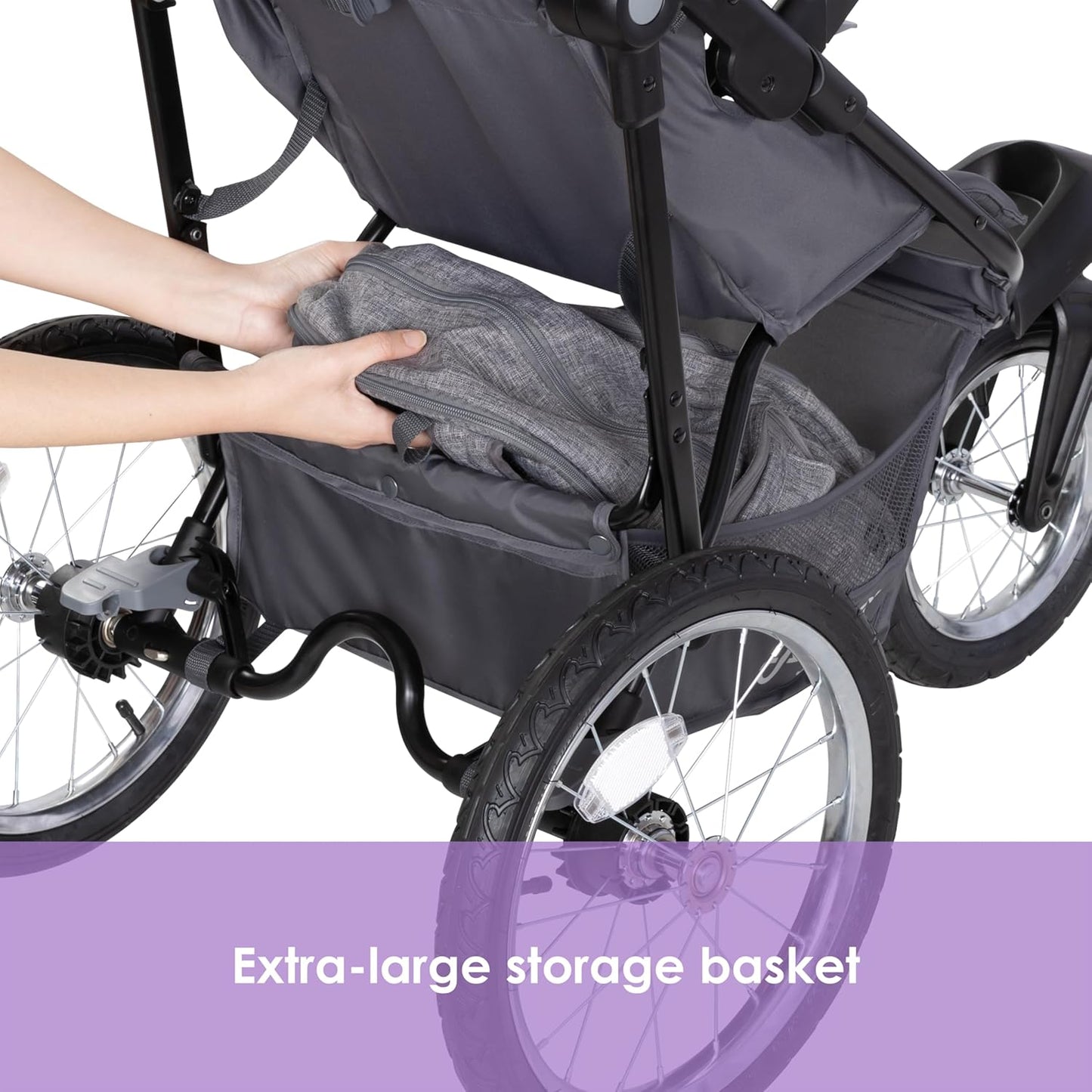 Image displaying a jogging stroller with text about it’s details