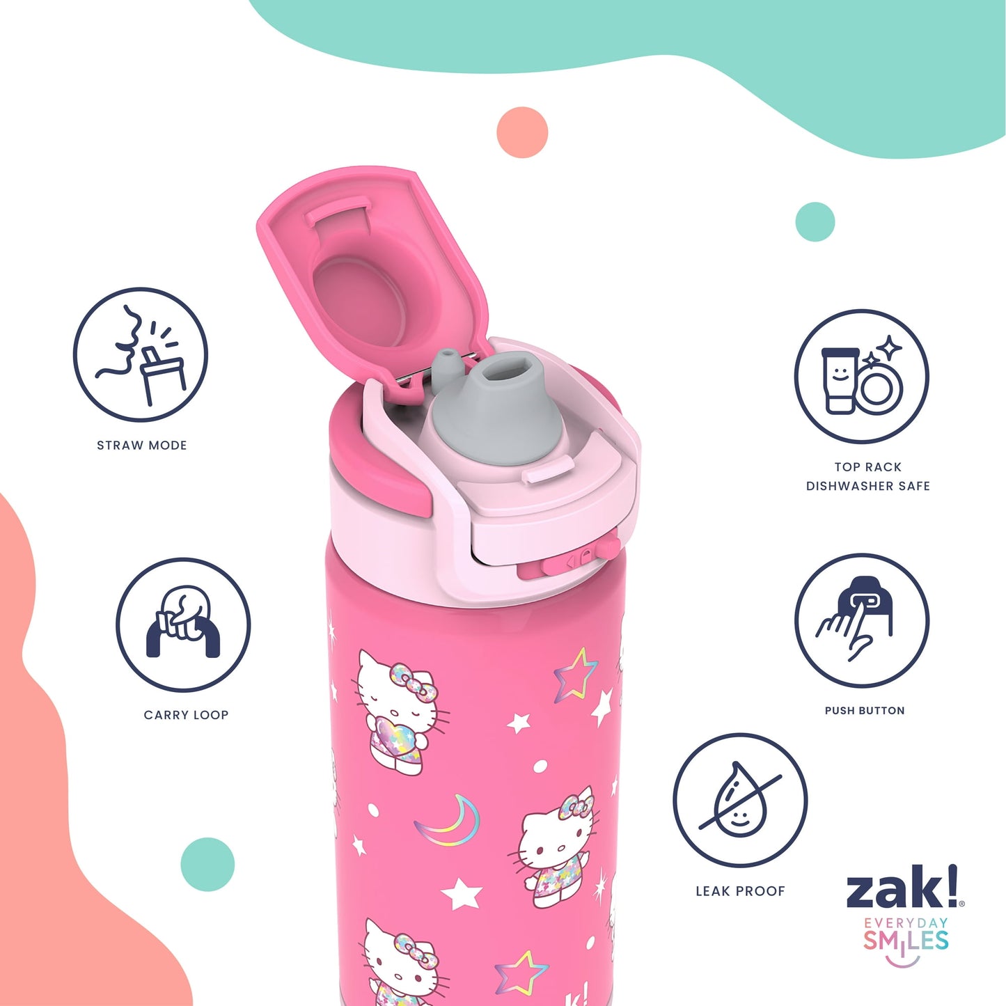 Zak Designs Kids Straw Water Bottle, Stainless Steel Vacuum Insulated Lincoln Bottle with Easy-Open Locking Spout Cover for Travel, Built in Carry Handle