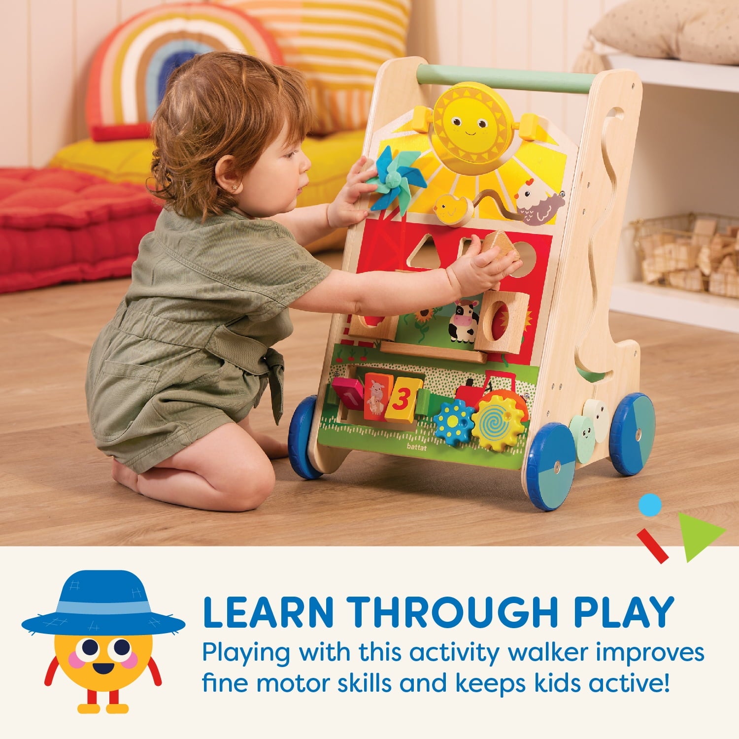 Image dsplaying a baby and a baby activity walker with text below