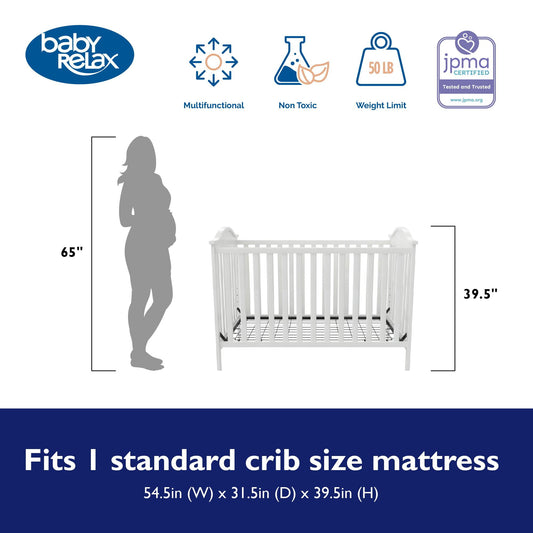 A white baby crib is shown alongside a woman's silhouette and product dimensions