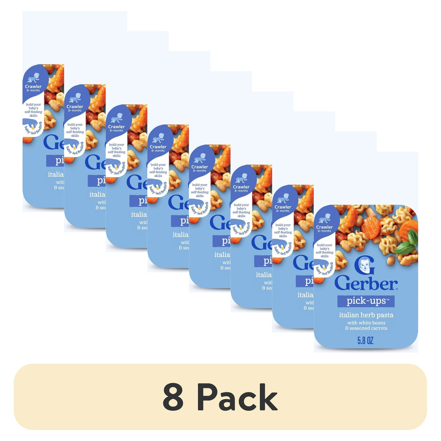 8 pack Italian herb pasta packaging with blue label and product image.
