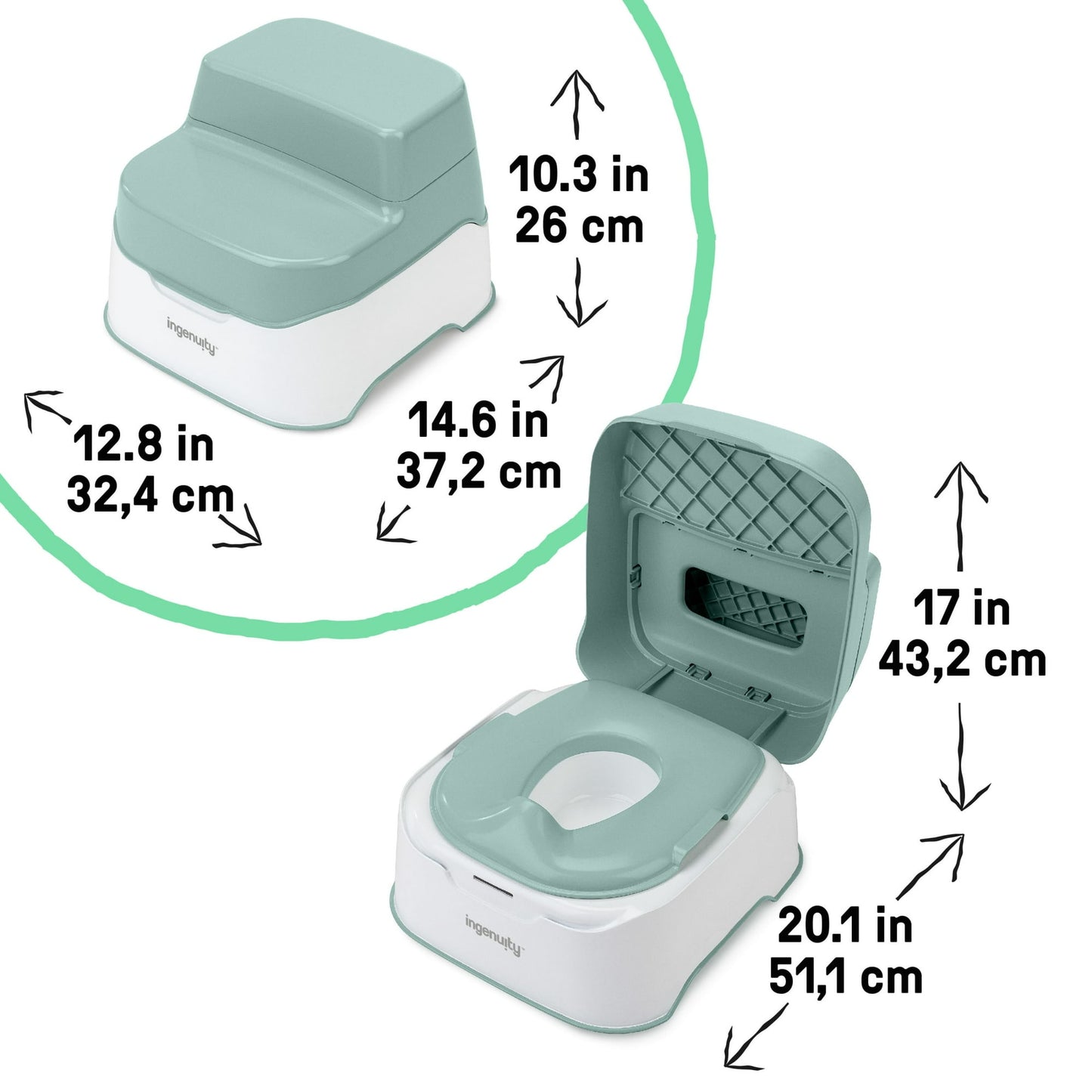 A potty training system shown in two configurations: as a standalone potty/step stool and with dimensions