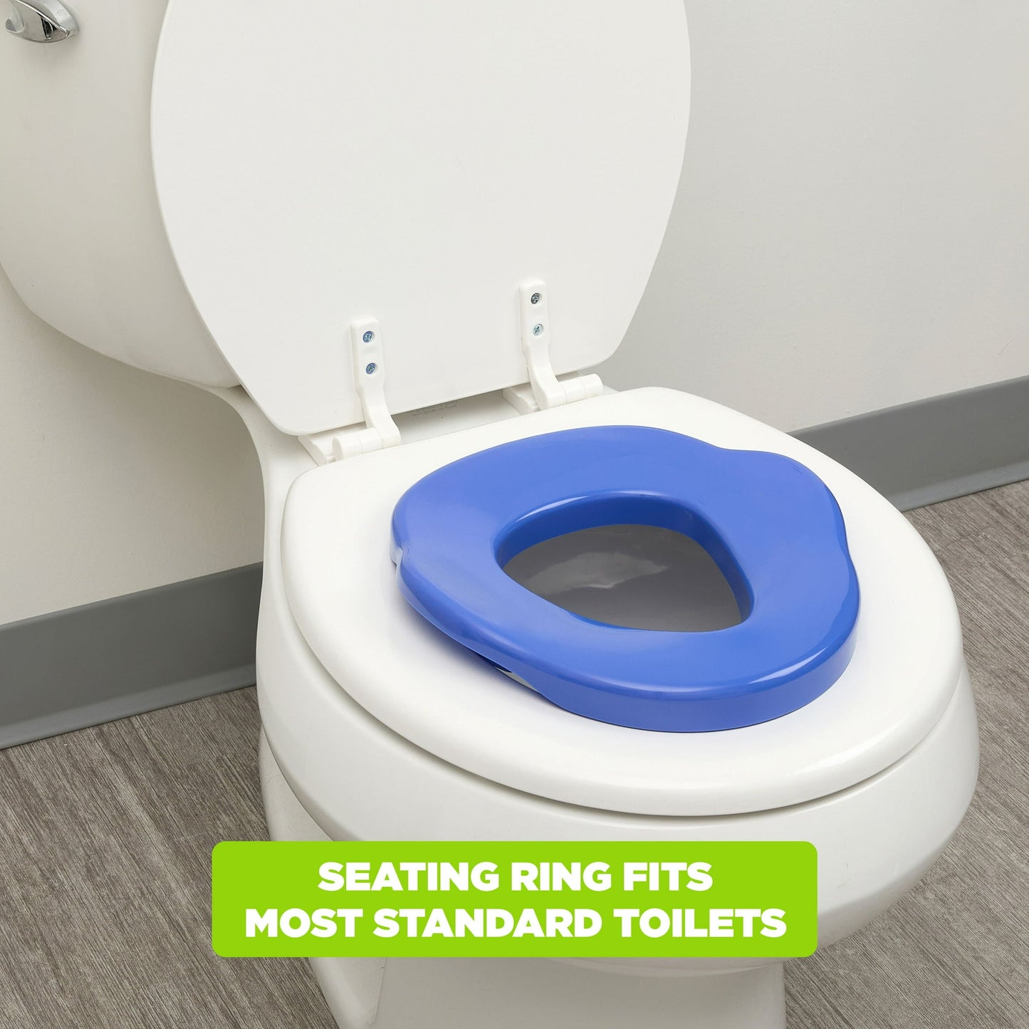 A white toilet with the lid open, featuring a blue padded toilet training seat insert