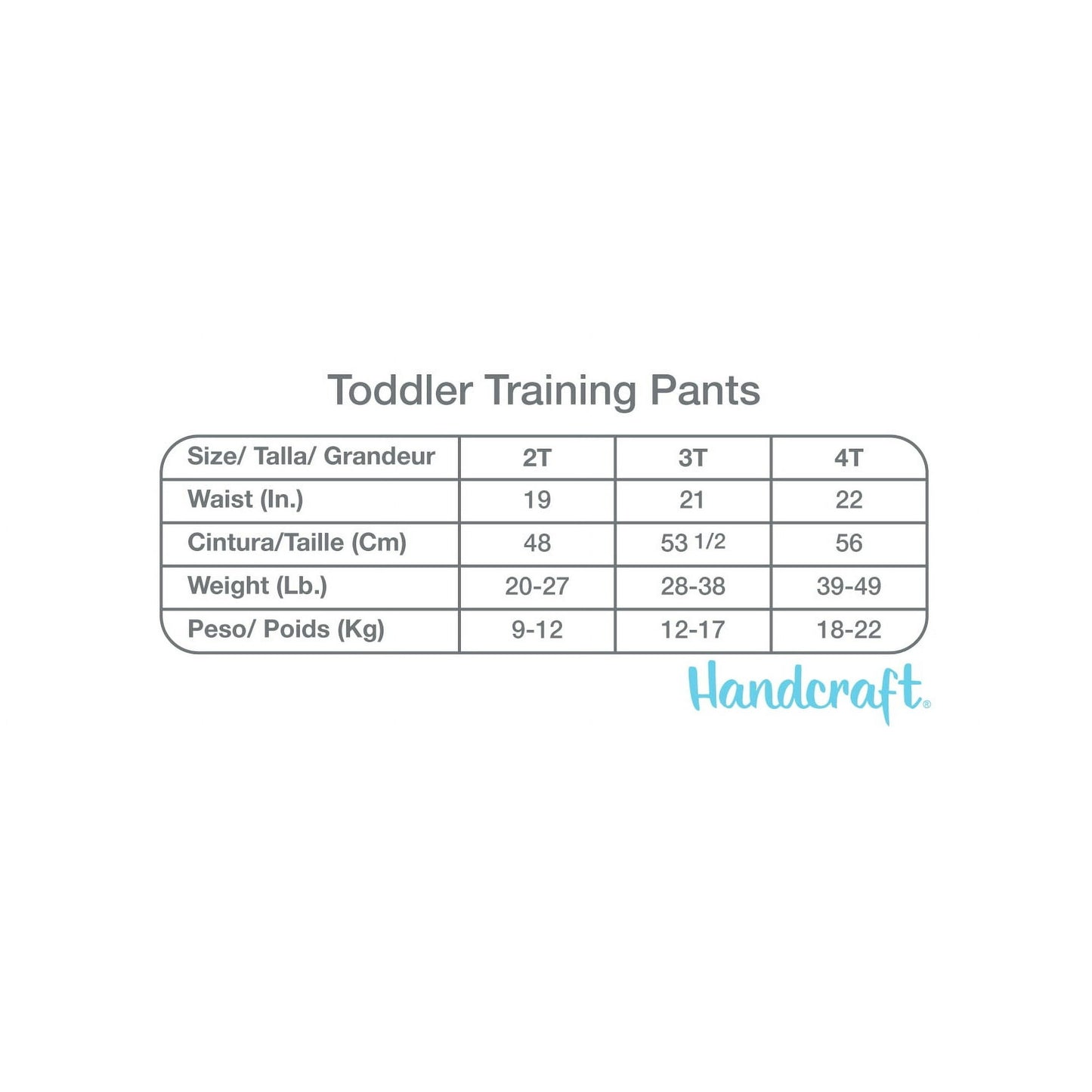 A white image with a size chart for toddler training pants, detailing waist and weight measurements