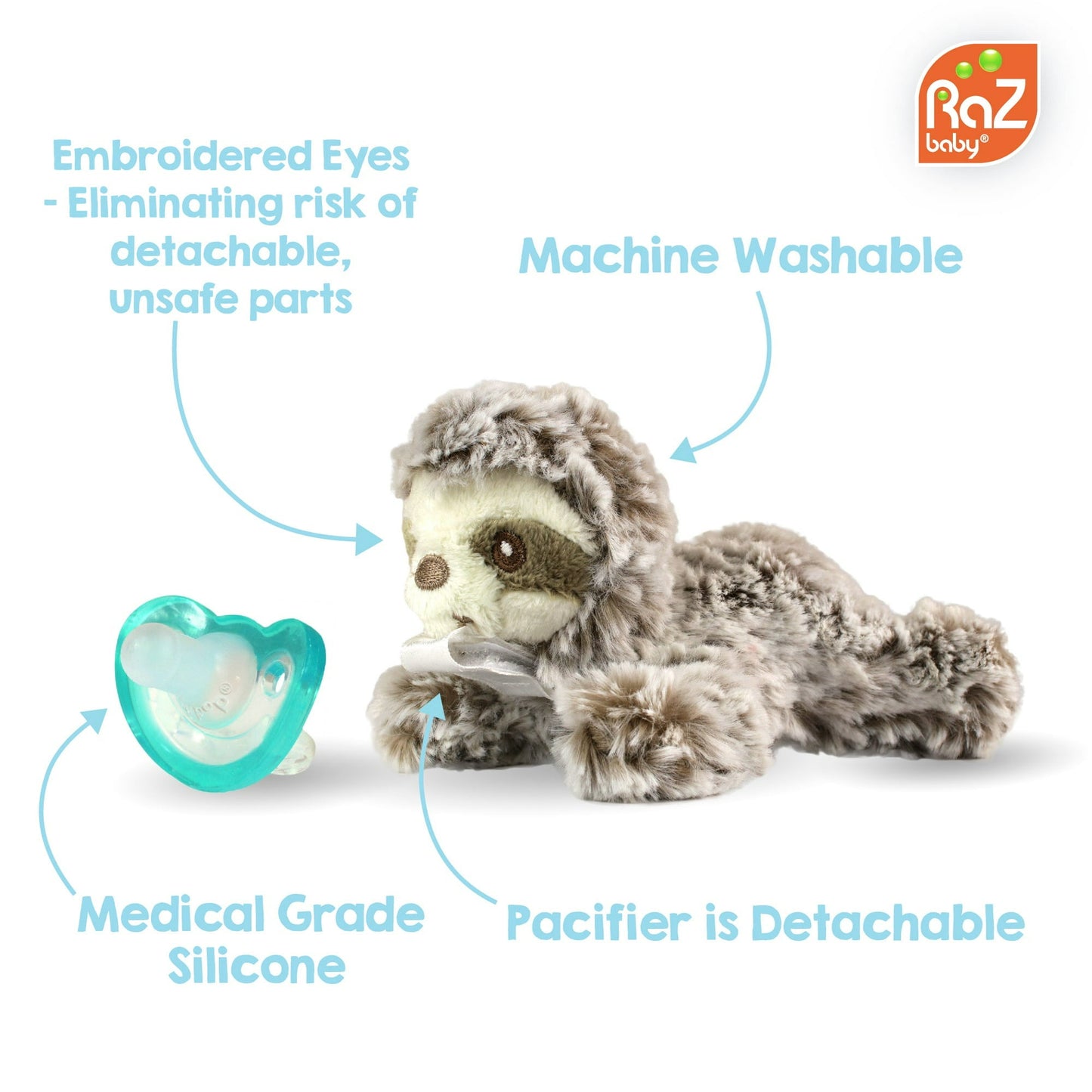 RaZbaby RaZbuddy Teether Holder - Detachable RaZberry Tan Teether Toy - For Baby 0m+ - Sloth