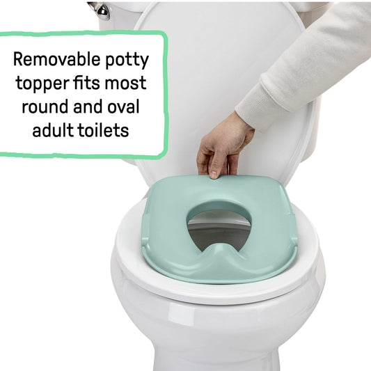 A hand places a removable potty topper onto a white adult toilet seat in a bathroom setting