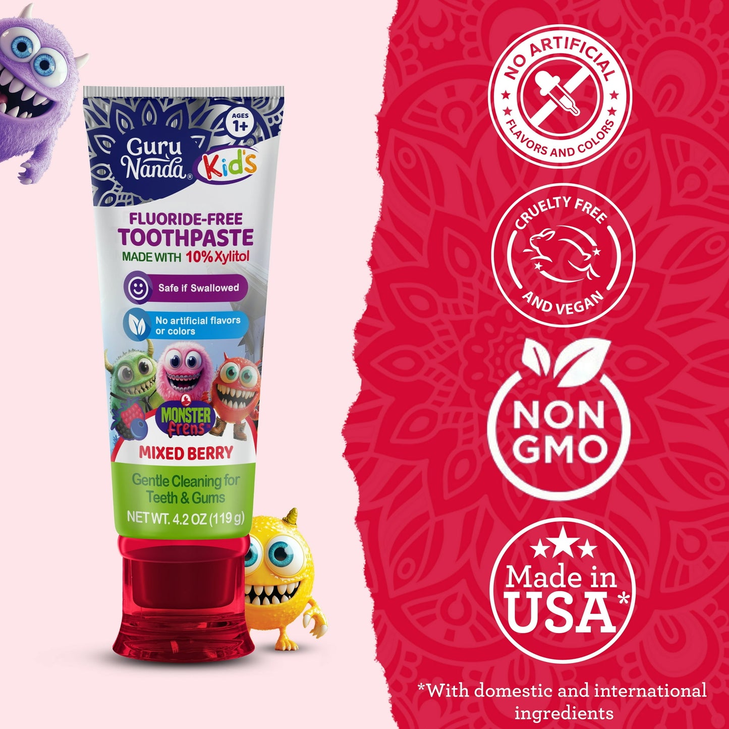 GuruNanda Kid's Toddler Toothpaste with Xylitol - Fluoride-Free - Mixed Berry Flavor - 4.2 oz