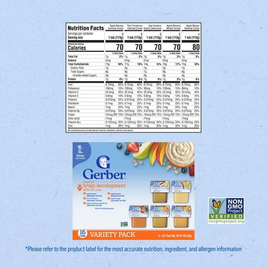 Gerber Stage 2 Baby Food, Fruit Cereal Variety Pack, 4 oz Tubs (32 Pack)
