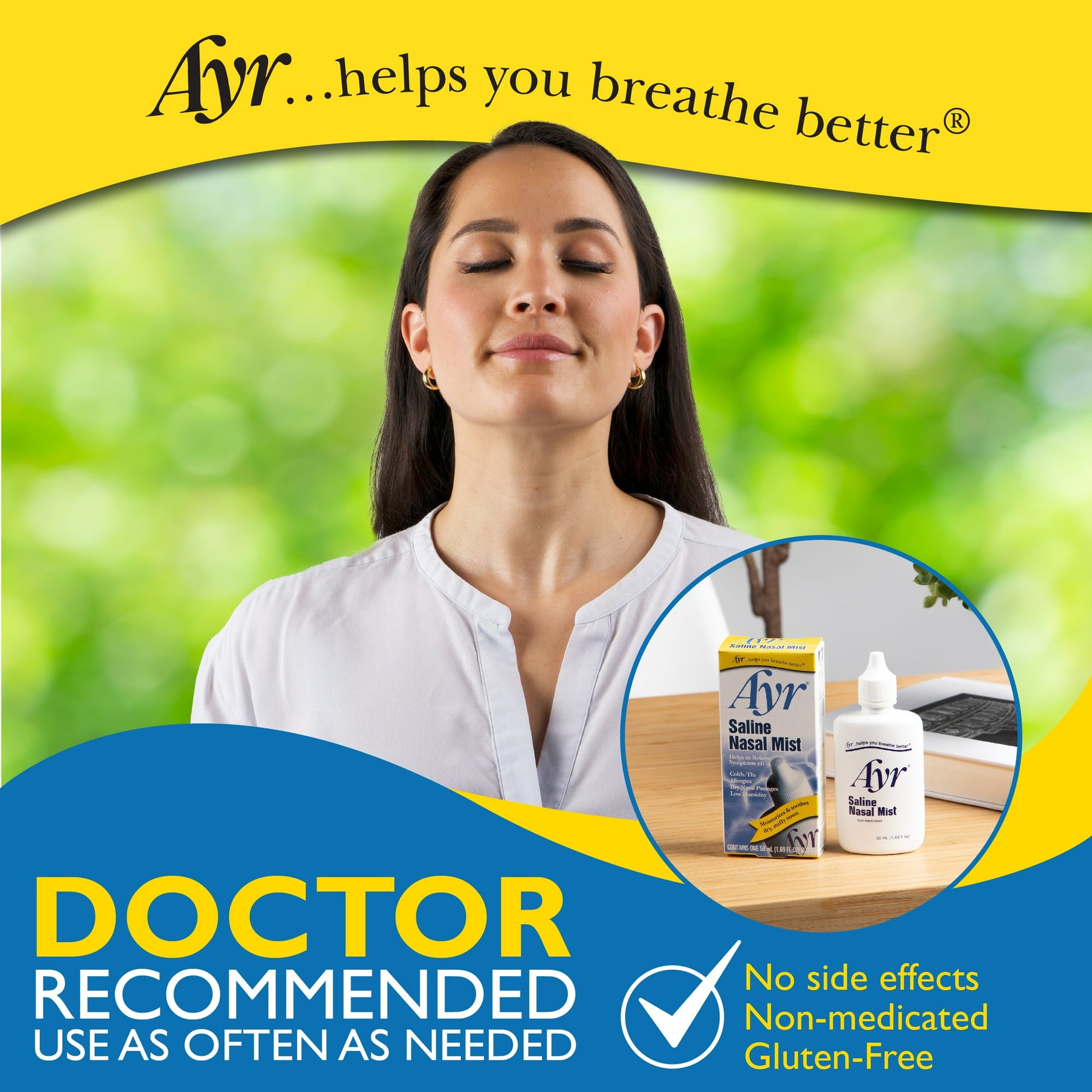 Image shows a woman with a gentle relief product for flue, cold, fever and cough and text below