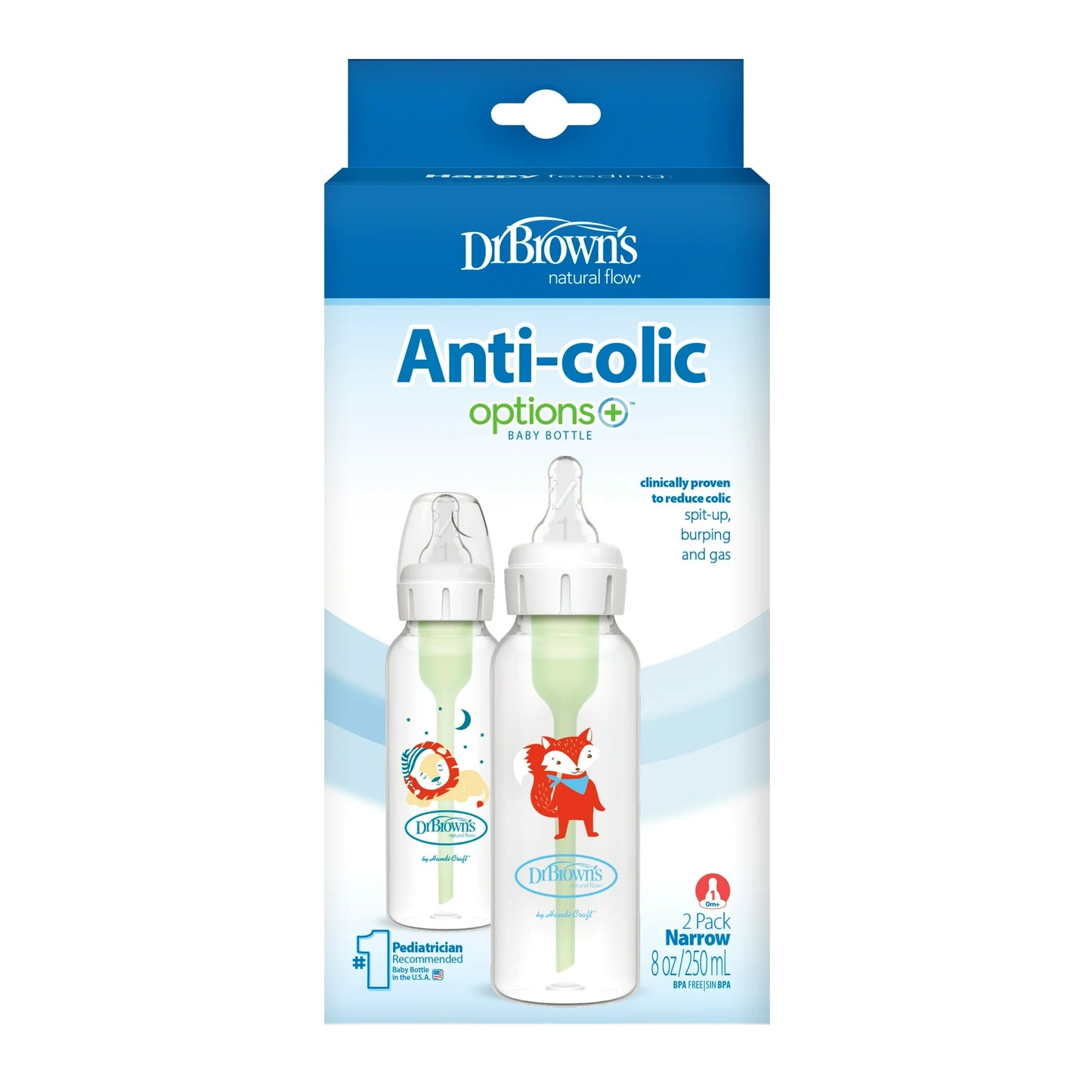Anti-colic baby bottle packaging on a white background