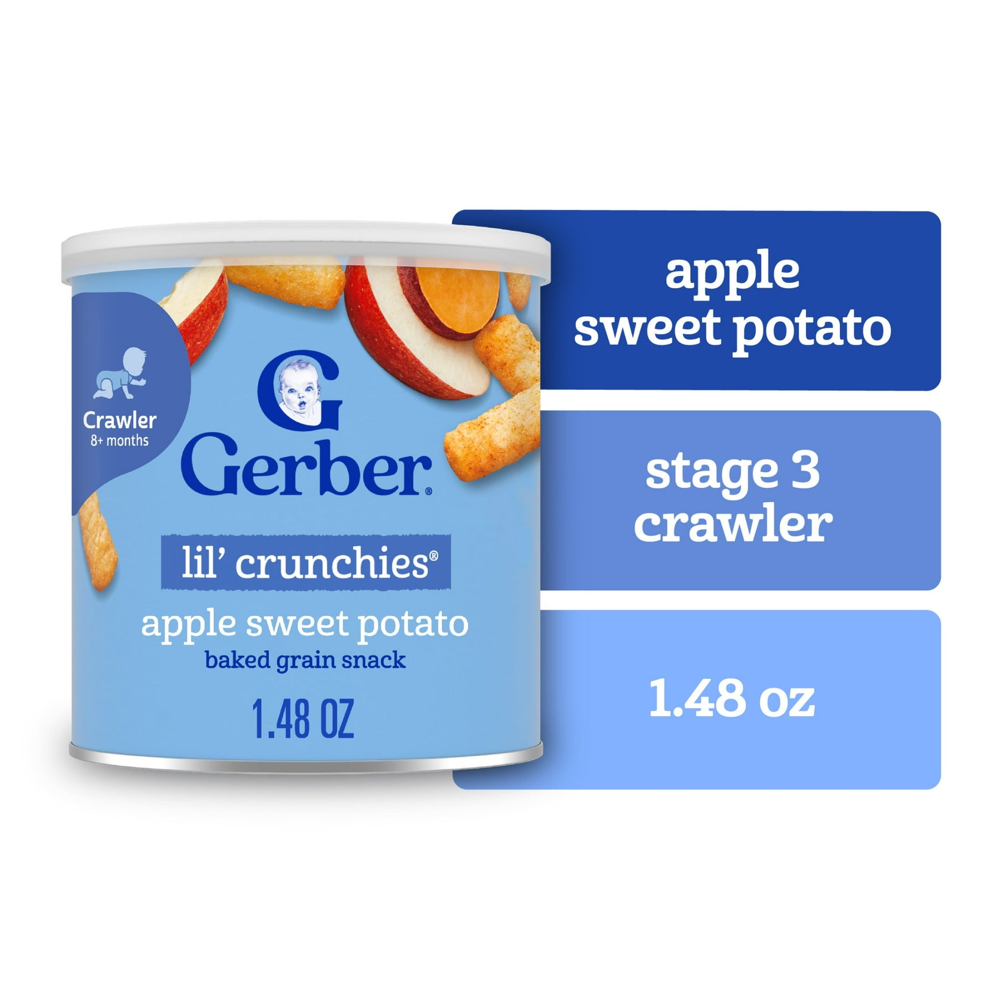 Apple and sweet potato baked corn snacks for babies and toddlers, 1.48 oz canister – healthy finger food, clean label certified.