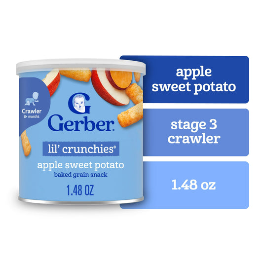 Apple and sweet potato baked corn snacks for babies and toddlers, 1.48 oz canister – healthy finger food, clean label certified.