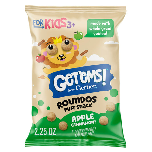 Apple cinnamon puffed snacks for kids, 2.25 oz bag – light and crunchy round snacks made with wholesome ingredients.