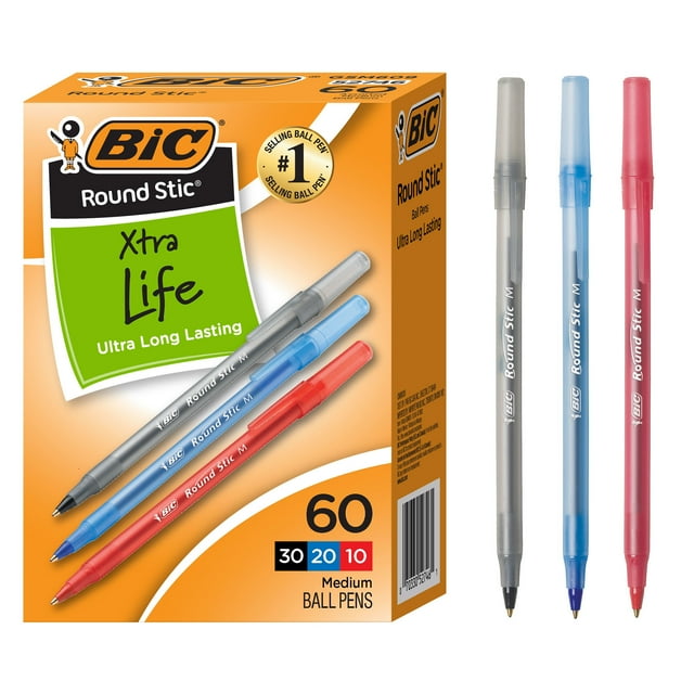 BIC Round Stic Xtra Life Ballpoint Pen, Medium Point, 1.0 mm, Black Ink, 60 Count