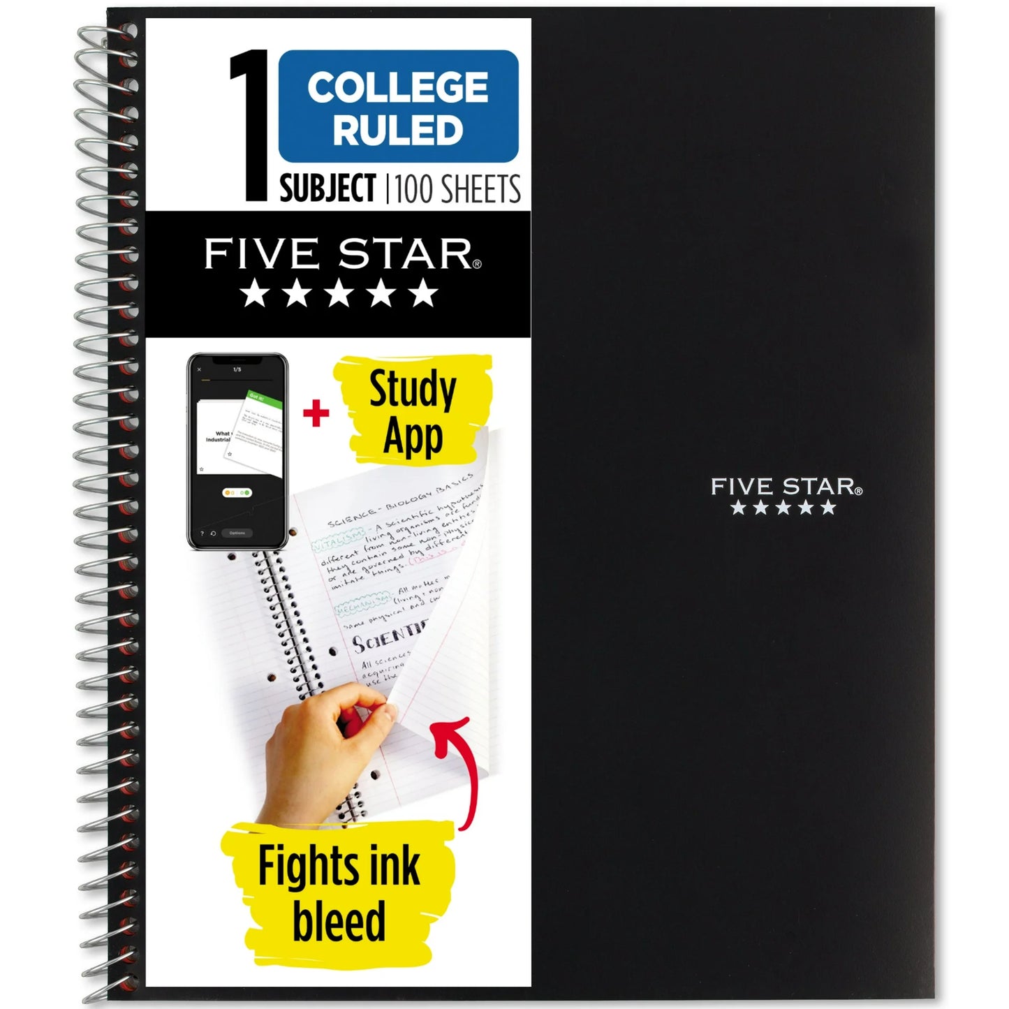 Five Star 1 Subject College Ruled Notebook Plus Study App, 8.5" x 11" , Black, Poly, Spiral, 100 Sheets