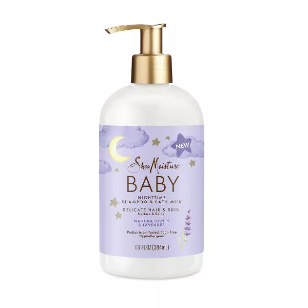 Baby Shampoo & Bath Milk bottle with purple label on a white background