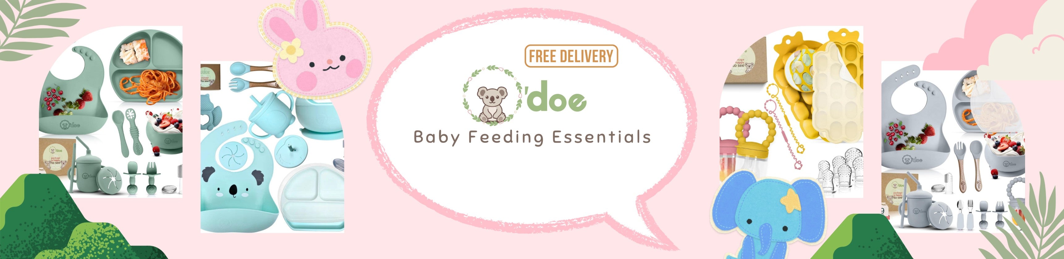 Baby feeding essentials set with cartoon characters on a pink background, featuring the brand 'o'doe'.
