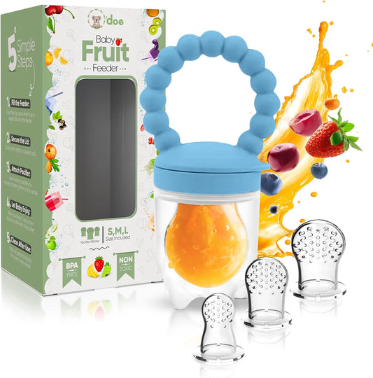 Baby fruit feeder with blue handle and orange fruit inside, next to its packaging and fruit illustrations.
