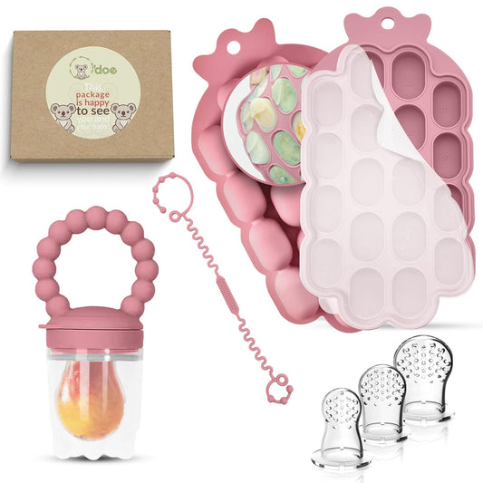 Baby product set with pink teether, silicone ice cube tray, and additional components on a white background.