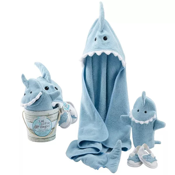 Baby shark-themed hooded towel, plush toy, and booties set on a white background