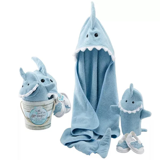 Baby shark-themed hooded towel, plush toy, and booties set on a white background