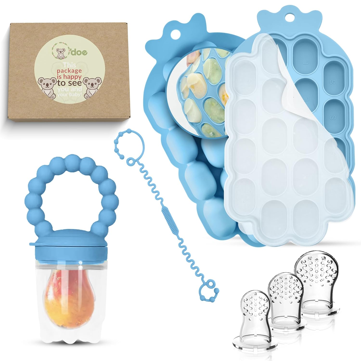 Baby teething product set with blue teether, silicone mold, and packaging on a white background