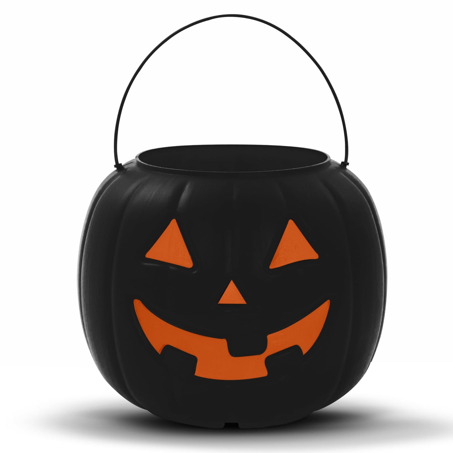 Black Halloween candy bucket with orange jack-o'-lantern face design on a white background
