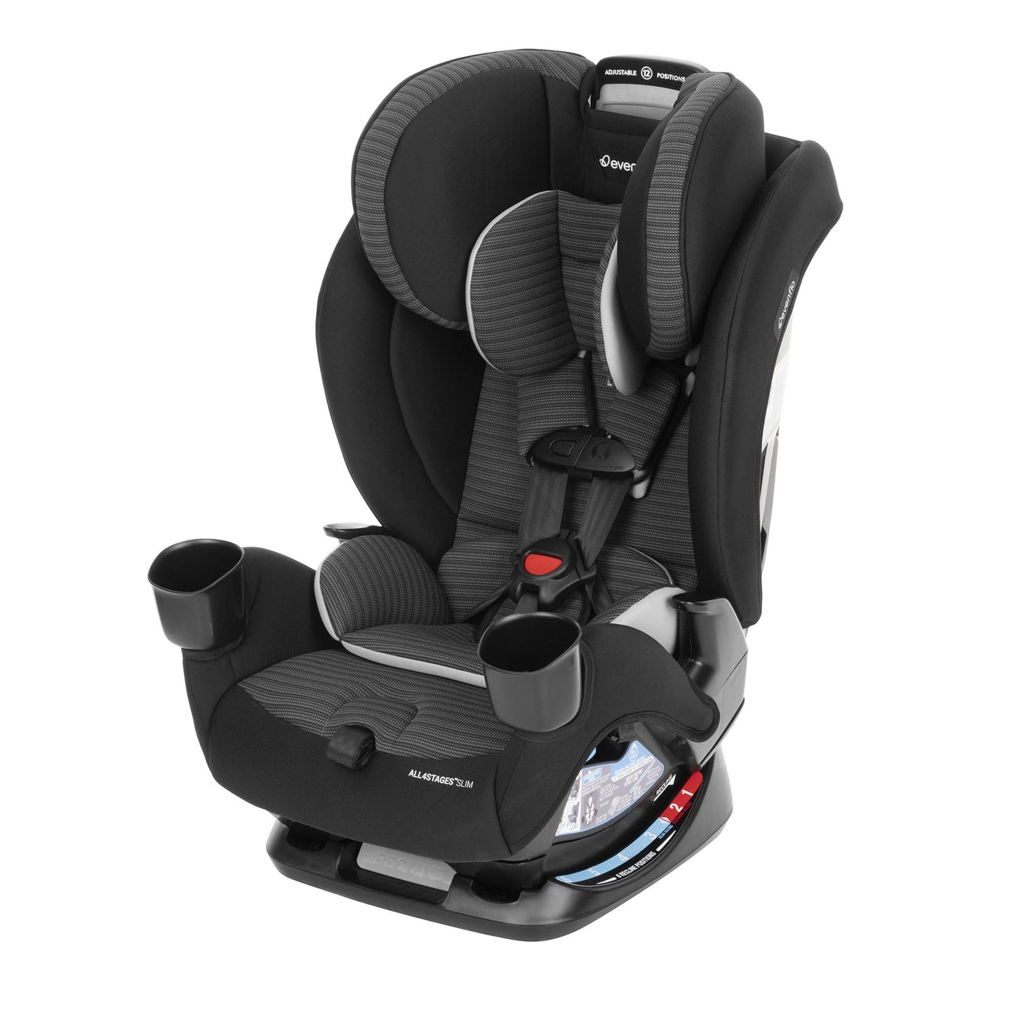 Black and gray car seat with cup holders on a white background