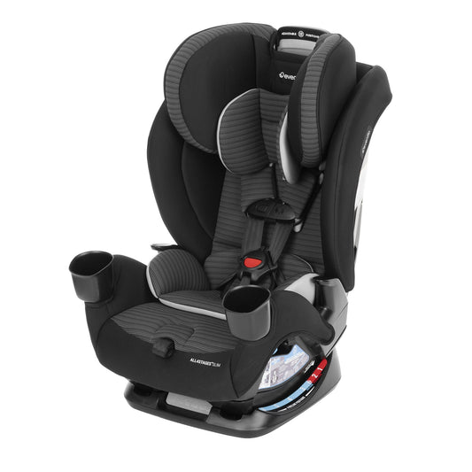 Black and gray car seat with cup holders on a white background