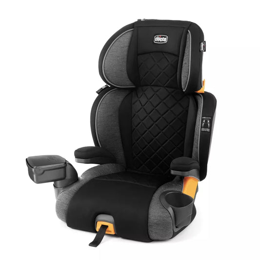 Black and gray child car seat with orange accents on a white background