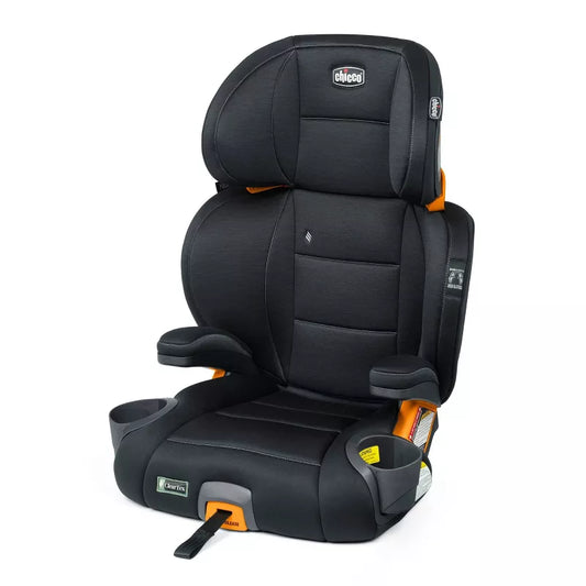 Black and orange car seat with visible brand logo on a white background