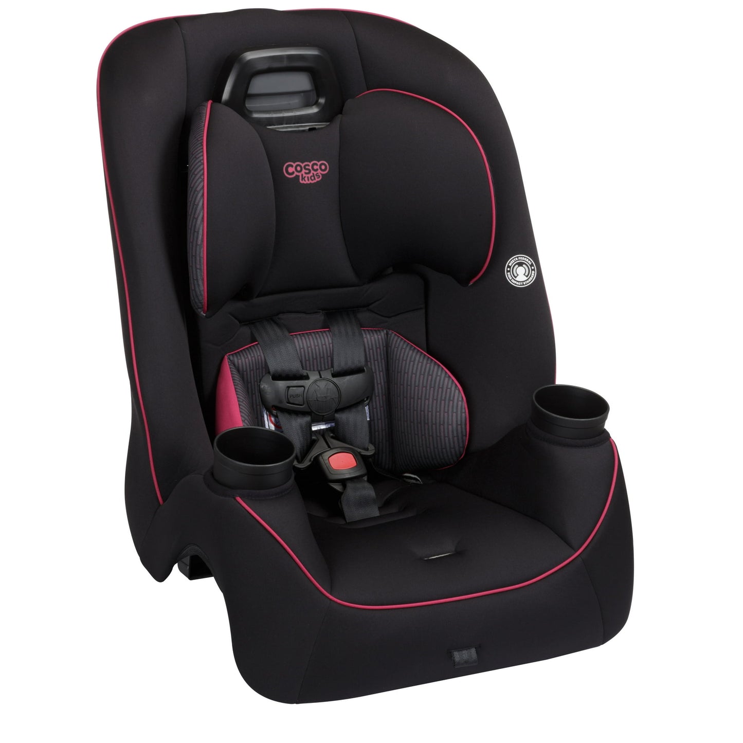 Black and red car seat with cup holders on a white background