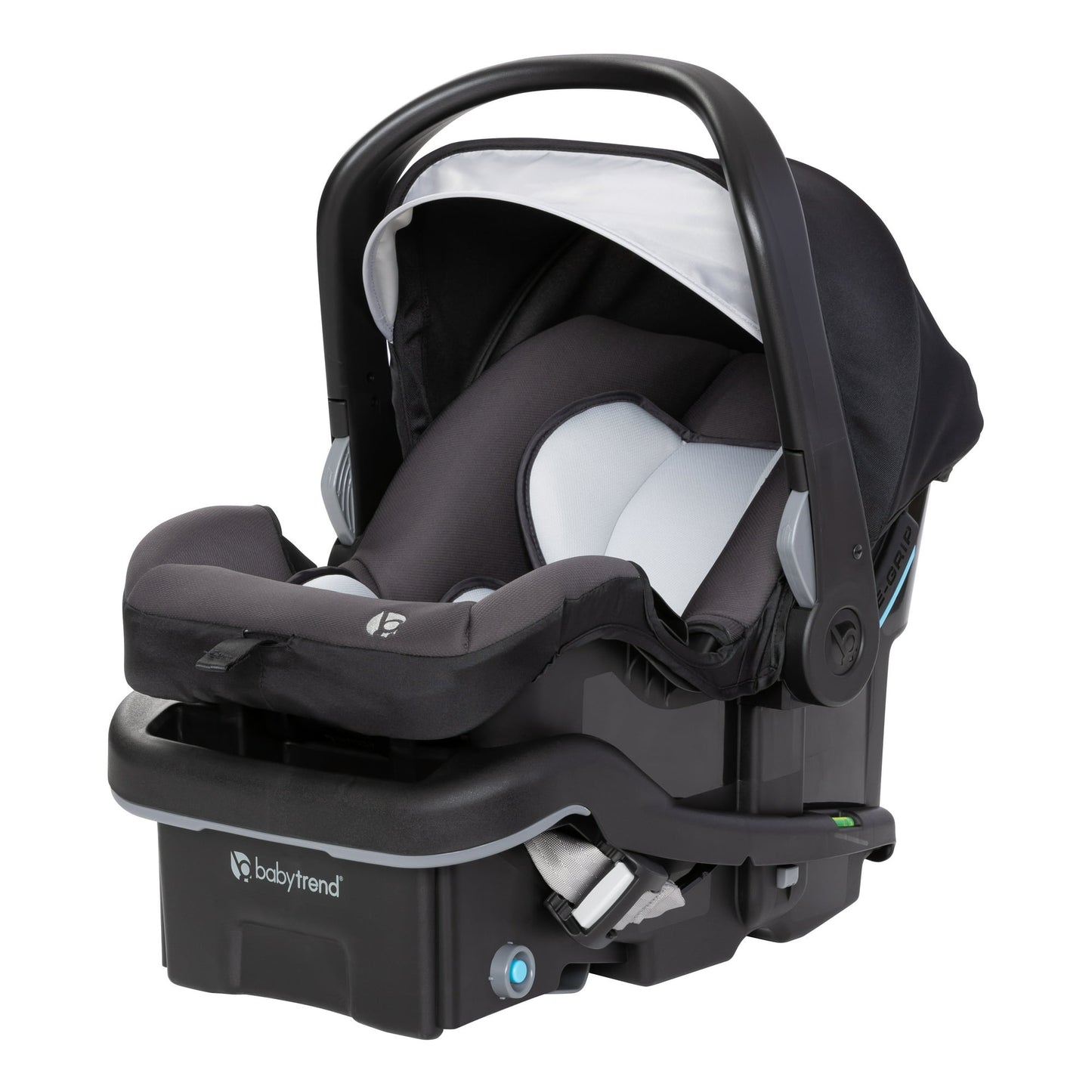 Black baby car seat with white interior on a white background