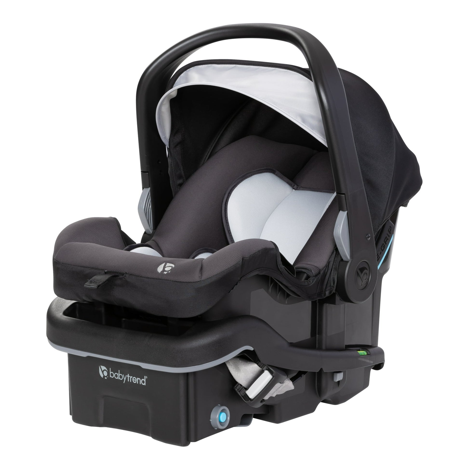 Black baby car seat with white interior on a white background
