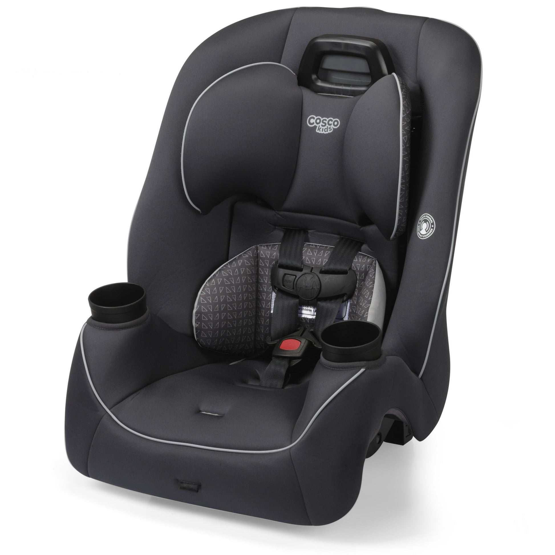 Black car seat with cup holders on a white background