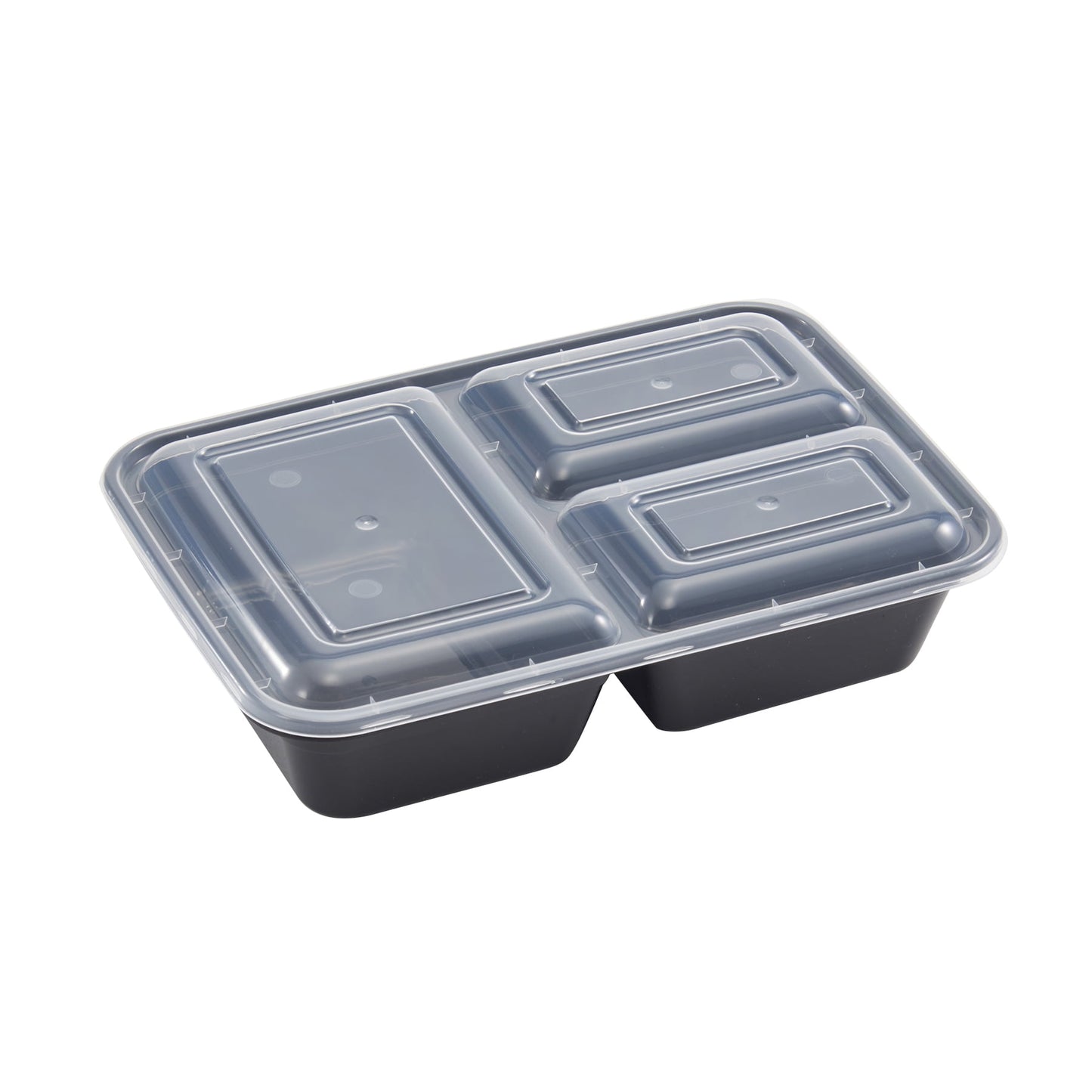 Black plastic food container with clear lids on a white background
