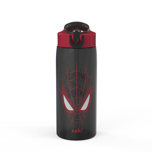Black water bottle with red spider web design and branding on a white background