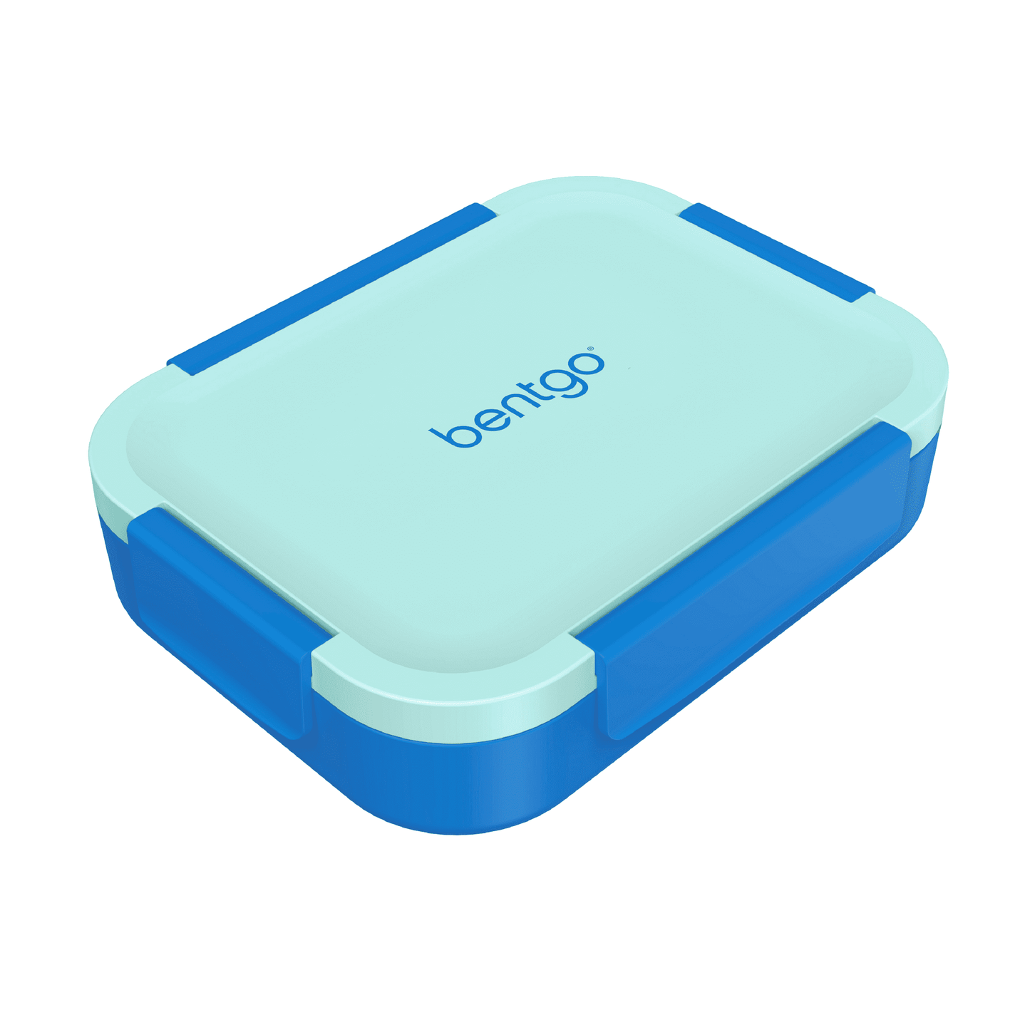 Blue and light blue lunch box with branding on a white background