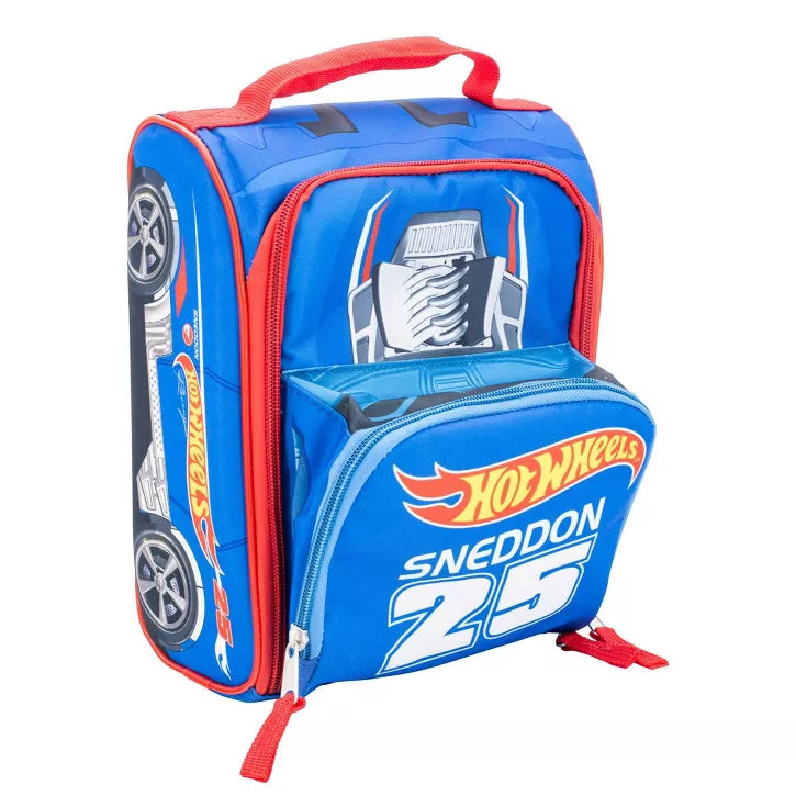 Blue backpack with red accents on a white background