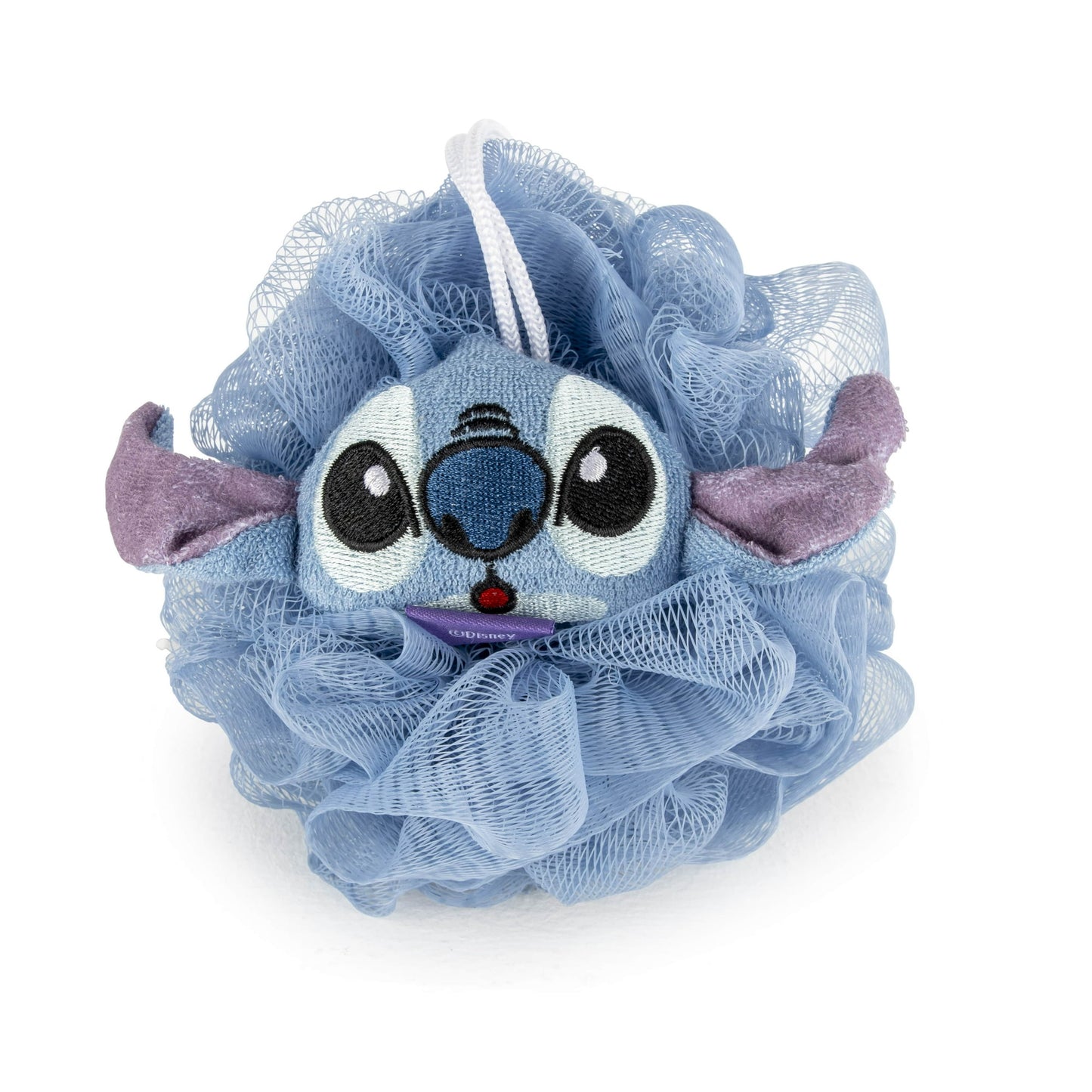 Blue bath pouf with cartoon character face on a white background
