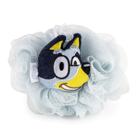 Blue kids bath loofah with 3D cartoon character design, 5-inch polyester body scrubber