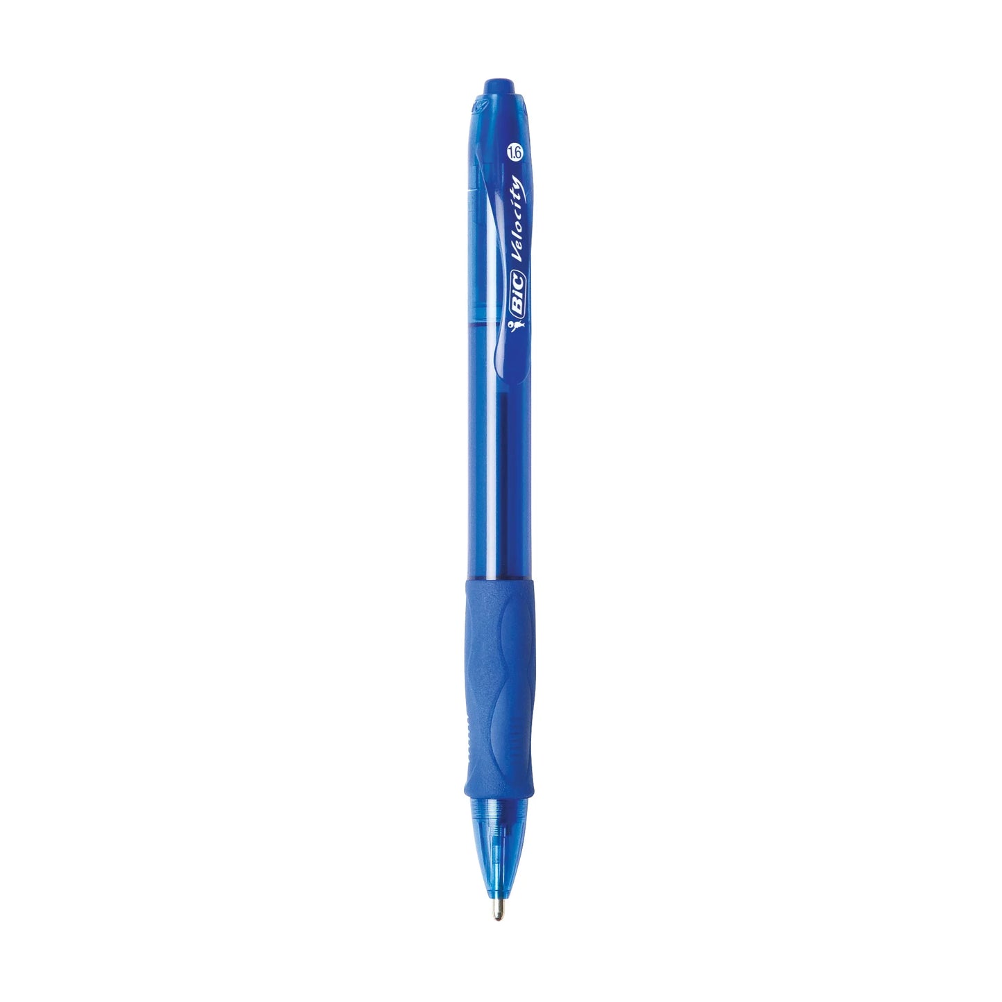 Blue pen with visible branding on a white background