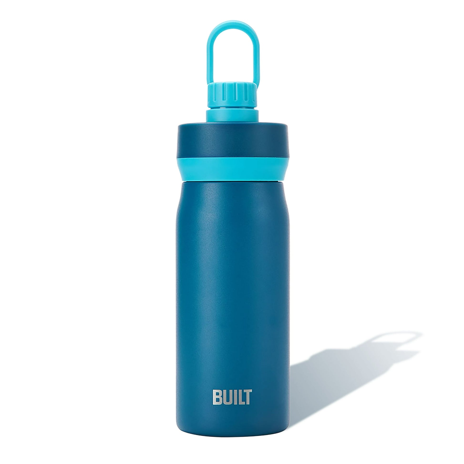 Blue water bottle with a turquoise cap on a white background