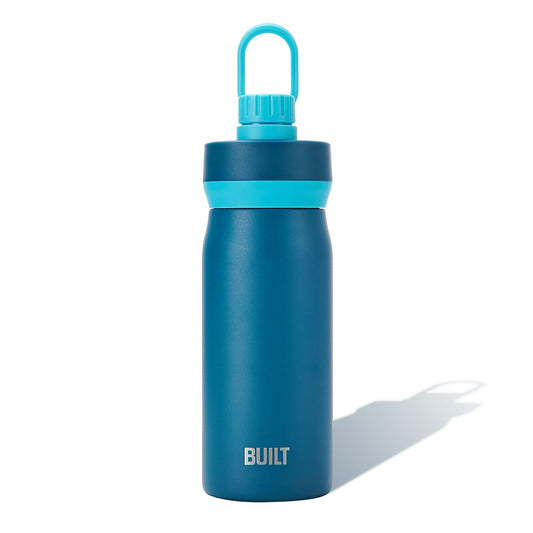 Blue water bottle with a turquoise cap on a white background